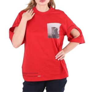 Burberry Carrick Bright Red Cutout Detail Montage Print Top Shirt Size XS NWT